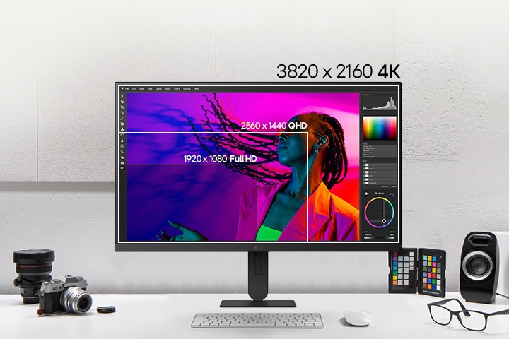 LG UHD 4K monitora izcelto funkciju klāstā ietilpst izšķirtspēja 3840x2160, nodrošinot lielāku ekrāna laukumu un asākas detaļas uzlabotas produktivitātes nodrošināšanai.