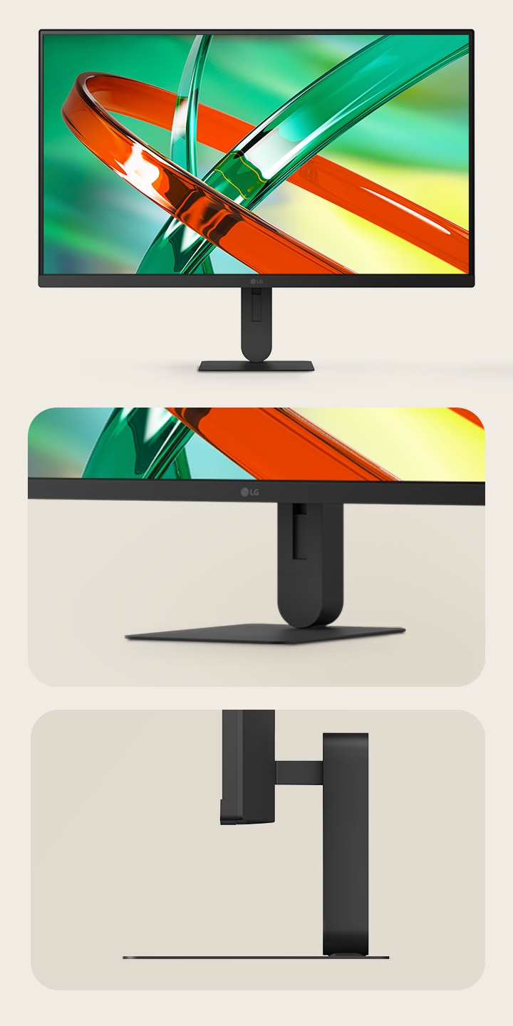 LG monitora izcelto funkciju klāstā parādīts monitors no priekšpuses un sānu skata, ilustrējot pielāgojamu augstumu un minimālistisku dizainu, kas piemērots modernām darba vietām. 