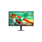 LG 27&nbsp;collu UltraFine™ U7, UHD 4K IPS monitors, LG UltraFine 27U730B monitora skats no priekšpuses, kurā redzama spilgta abstrakta grafika, izceļot galvenās funkcijas: IPS panelis, UHD 4K izšķirtspēja un HDR10, DCI-P3 90% (Tip.) atbalsts., 27U730B-B, thumbnail 1