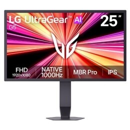 UltraGear G5 spēļu monitora (25G590B) skats no priekšpuses, redzama FPS spēle ar FHD izšķirtspēju, noklusējuma 1000Hz atsvaidzes intensitāti, MBR Pro un IPS tehnoloģiju.