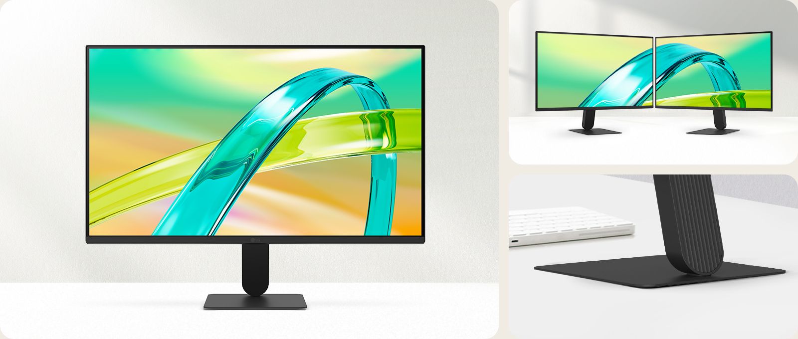 LG FHD monitors ar displeju 3 pusēs praktiski bez malām un plānu statīva pamatni, redzams no priekšpuses divu monitoru vidē tīrai un minimālistiskai darba vietai.
