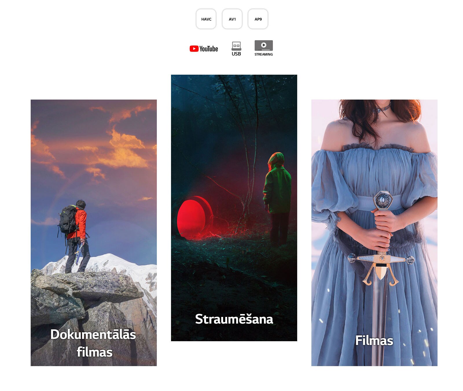 Gara vertikāla dokumentālo filmu aina ar vīrieti kalna virsotnē, straumēšanas pakalpojumu aina ar bērnu, kurš skatās uz apaļu sarkanu gaismu mežā, un filmu aina ar sievieti ar zobenu rokās.