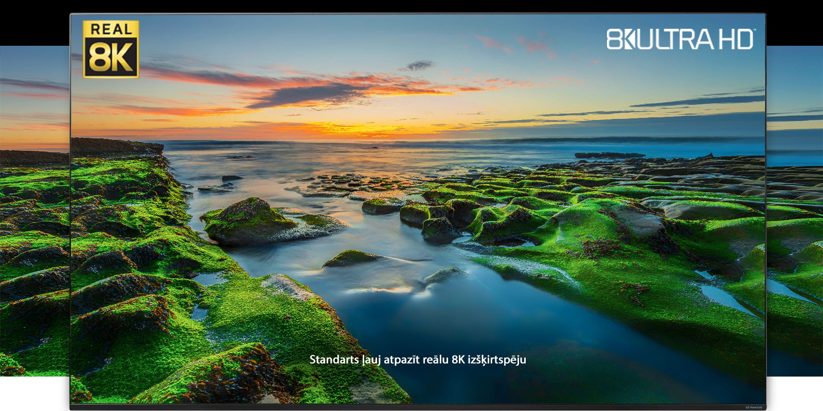 Televizora ekrānā redzams plašs dabas skats ar reālā 8K un CTA logotipiem