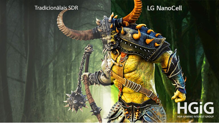 Attēlā redzams spēles aina ar briesmoni tradicionālā televizorā un otrā pusē LG NanoCell televizoru ar HDR