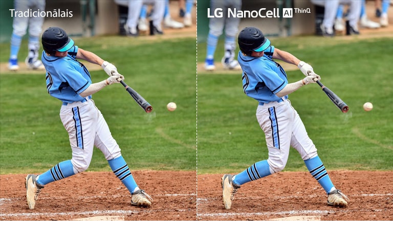 Futbola spēles aina ar pusi attēlotu tradicionālā LCD/LED televizorā ar izplūdušu attēlu, bet otra puse LD NanoCell televizorā ar skaidru attēlu