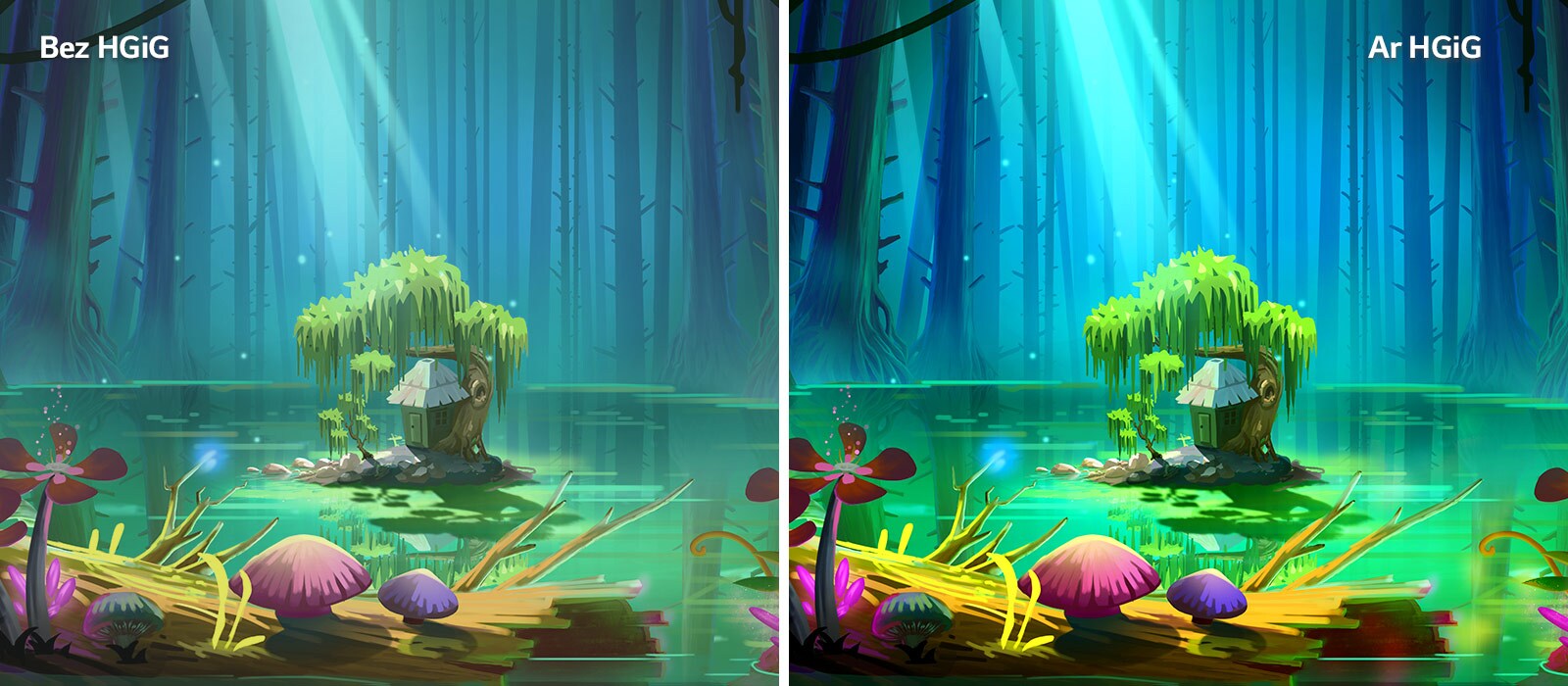 Animētā attēlā redzama neliela māja un koks uz nelielas saliņas dīķa vidū, kuru ieskauj gari, kaili koki, un attēls ar tekstu “Ar HGiG” augšējā labajā pusē ir spilgtāks un ar labāku attēla kvalitāti nekā attēls bez HGiG.