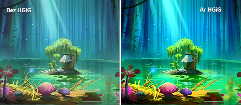Animētā attēlā redzama neliela māja un koks uz nelielas saliņas dīķa vidū, kuru ieskauj gari, kaili koki, un attēls ar tekstu “Ar HGiG” augšējā labajā pusē ir spilgtāks un ar labāku attēla kvalitāti nekā attēls bez HGiG.