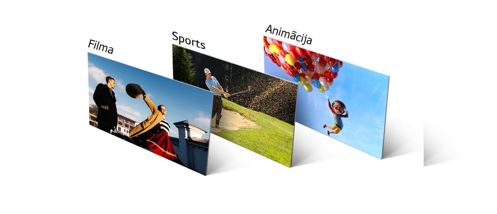 Redzamas ainas no filmas, golfa spēles un animācijas, kas ir sakārtotas vertikāli, ieslīpi.