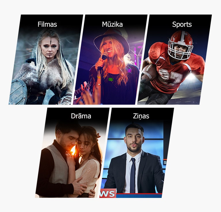 Pieci vertikāli plakāti filmai, mūzikai, sportam, drāmai un ziņām.