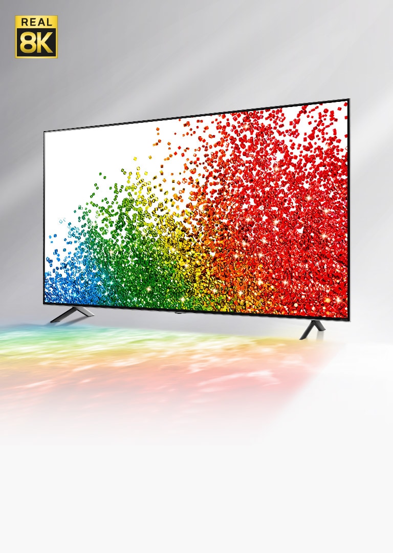 Attēlā redzams LG NanoCell televizors uz pelēka fona, un ekrānā redzamās krāsas atspoguļojas uz virsmas zem tā.