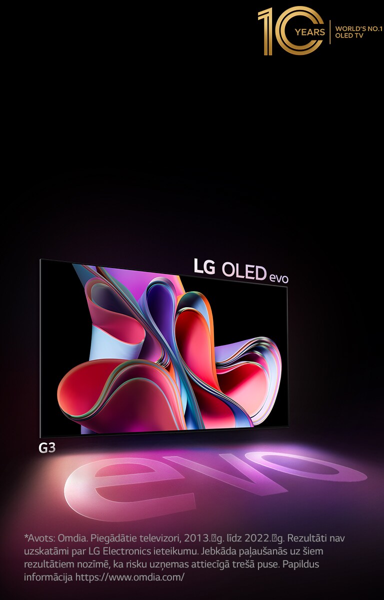 LG OLED G3 uz melna fona ar spilgti rozā un violetas krāsas abstraktu mākslas objektu. Attēla augšējā kreisajā stūrī redzama "10 Years World's No.1 OLED TV" emblēma. 