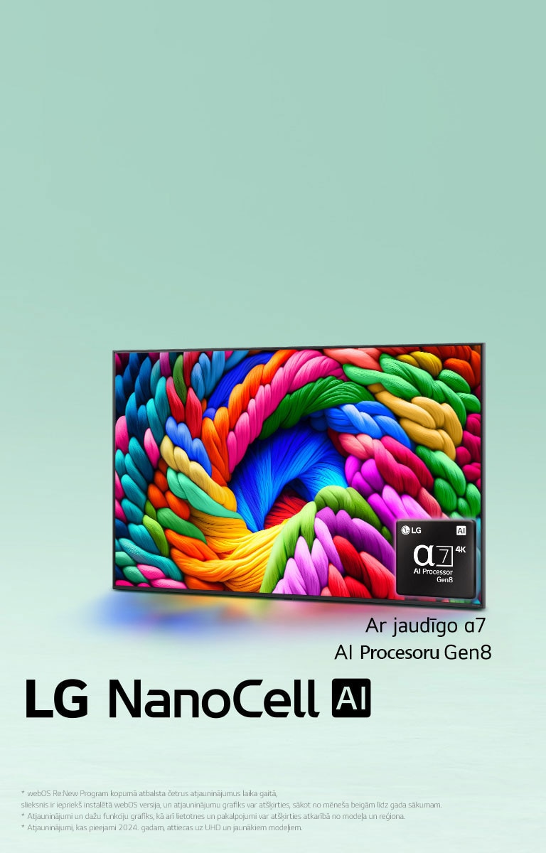 LG NanoCell TV atrodas nedaudz ieslīpi pa kreisi un attēlo krāsainus pavedienus. alpha 7 AI procesora Gen8 logotips ir iegults TV apakšējā labajā stūrī. Fons ir gaiši zilganzaļas krāsas gradients. Redzams arī teksts, ko darbina alpha 7 AI procesors Gen8.