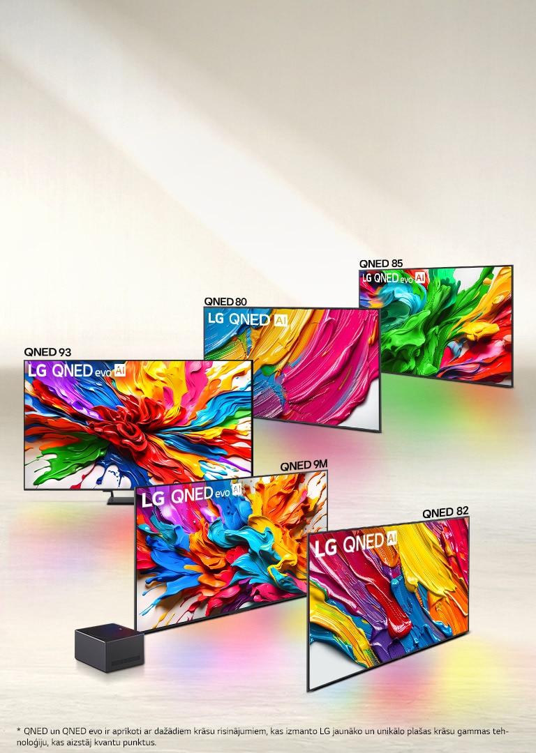 Četru LG QNED evo AI TV klāsts, QNED80, QNED85, QNED93, QNED82 TV.