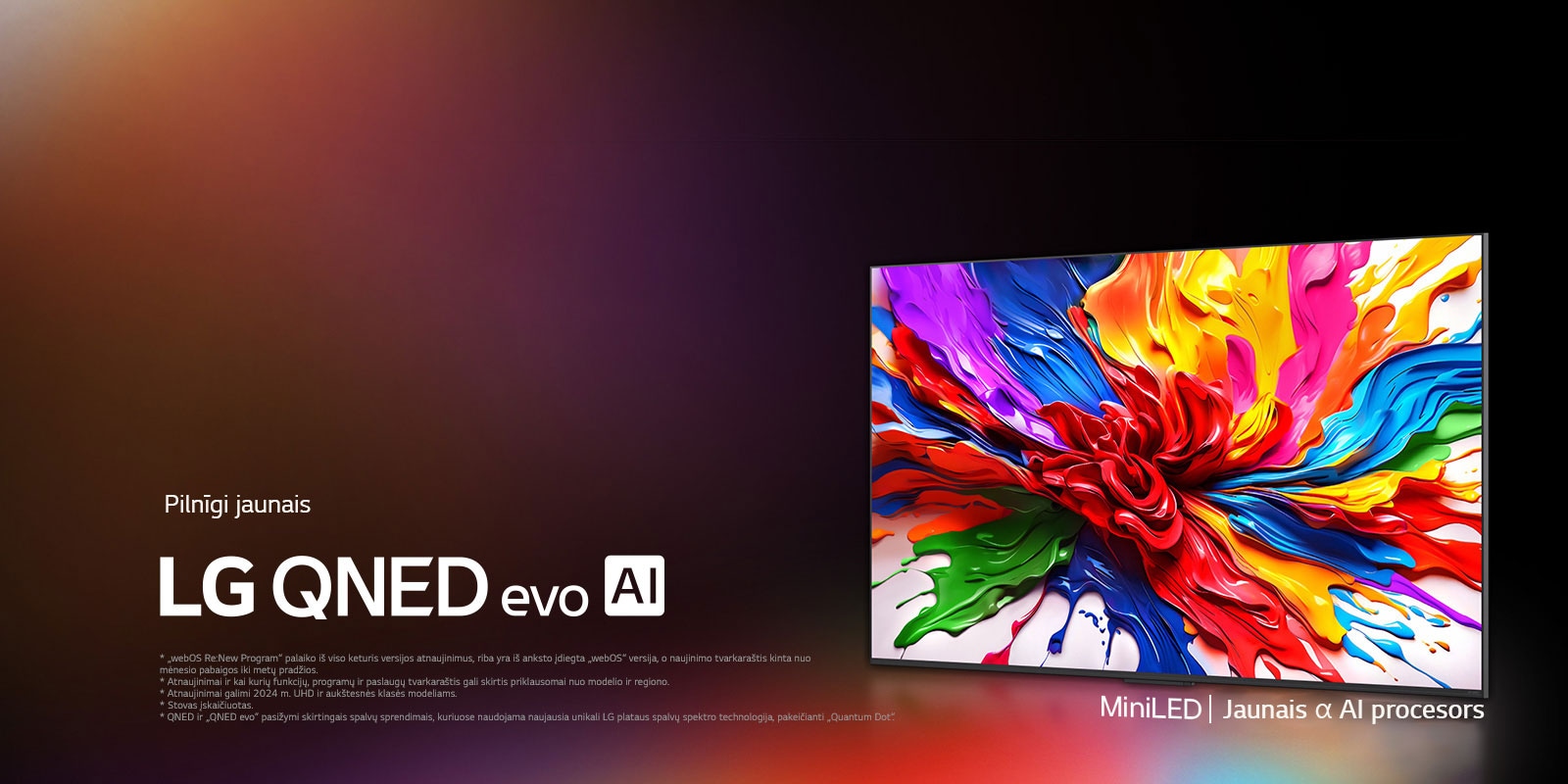 LG OLED evo AI TV ekrānā ir redzams abstrakts attēls ar iespaidīgām detaļām, krāsām un kontrastu. Aiz TV ir palielināta alpha 11 AI procesora Gen2 versija. Tas spīd ar gaismu, kas apgaismo mikroshēmas ķēdes ap to. Nosaukumā lasāms LG OLED evo AI. Redzams arī teksts, ko darbina LG alpha 11 AI procesors Gen2. Stūrī ir zelta logotips ar zvaigznēm, kas vēsta, ka OLED TV ir pasaulē jau 12 gadus.