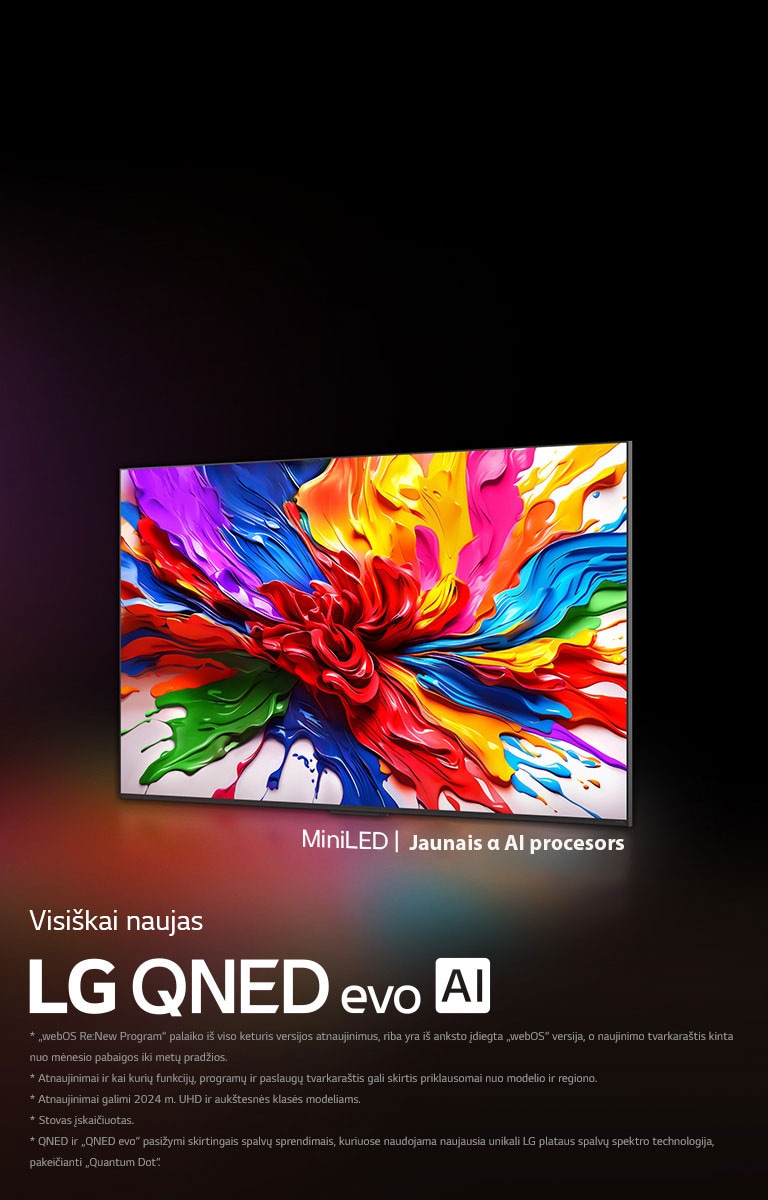 LG OLED evo AI TV ekrānā ir redzams abstrakts attēls ar iespaidīgām detaļām, krāsām un kontrastu. Aiz TV ir palielināta alpha 11 AI procesora Gen2 versija. Tas spīd ar gaismu, kas apgaismo mikroshēmas ķēdes ap to. Nosaukumā lasāms LG OLED evo AI. Redzams arī teksts, ko darbina LG alpha 11 AI procesors Gen2. Stūrī ir zelta logotips ar zvaigznēm, kas vēsta, ka OLED TV ir pasaulē jau 12 gadus.