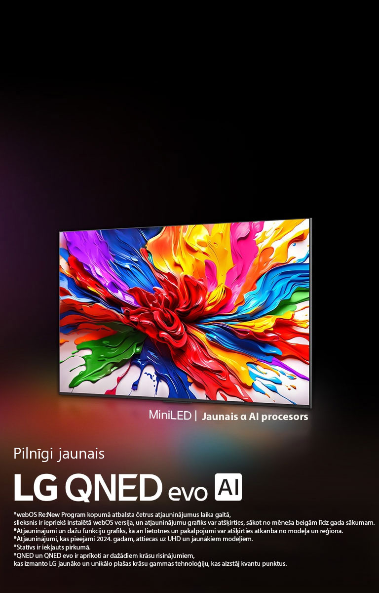 LG OLED evo AI TV ekrānā ir redzams abstrakts attēls ar iespaidīgām detaļām, krāsām un kontrastu. Aiz TV ir palielināta alpha 11 AI procesora Gen2 versija. Tas spīd ar gaismu, kas apgaismo mikroshēmas ķēdes ap to. Nosaukumā lasāms LG OLED evo AI. Redzams arī teksts, ko darbina LG alpha 11 AI procesors Gen2. Stūrī ir zelta logotips ar zvaigznēm, kas vēsta, ka OLED TV ir pasaulē jau 12 gadus.