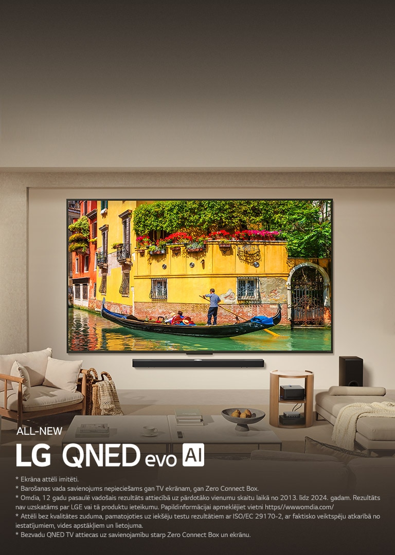 LG QNED9M TV piestiprināts virs LG Soundbar modernā dzīvojamā istabā. Zero Connect Box atrodas kafijas galdiņā.