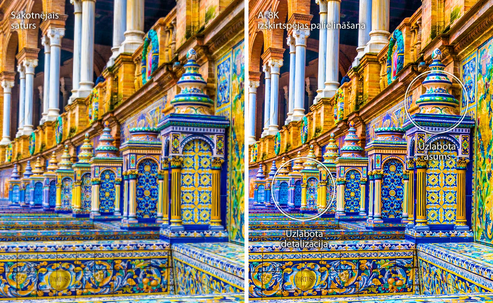 Blakus novietoti attēli, kuros redzamas ēku mozaīkas spilgtās krāsās. Kreisajā pusē redzams oriģināls, savukārt labajā redzams attēls pēc AI 8K izšķirtspējas uzlabošanas ar labāku detalizāciju un asumu.
