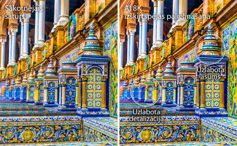 Blakus novietoti attēli, kuros redzamas ēku mozaīkas spilgtās krāsās. Kreisajā pusē redzams oriģināls, savukārt labajā redzams attēls pēc AI 8K izšķirtspējas uzlabošanas ar labāku detalizāciju un asumu.