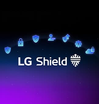 LG Shield emblēma redzama uz tumša fona ar drošības ikonām, uzsverot webOS aizsardzību privātumam, datu drošībai un sistēmas integritātei.
