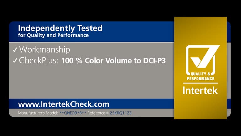 Intertek sertifikācijas uzlīme norāda, ka LG QNED evo AI ir Intertek sertifikācija “100% Color Volume to DCI-P3".