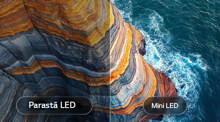 LG QNED evo AI QNED82 Mini LED izceļ, kā Mini LED atklāj asākas klints tekstūras un skaidrākas okeāna detaļas salīdzinājumā ar parasto LED piekrastes klints ainas sadalītajā skatā, nodrošinot dziļākus melnos toņus un izsmalcinātāku kontrastu lielākai skaidrībai un dziļumam.