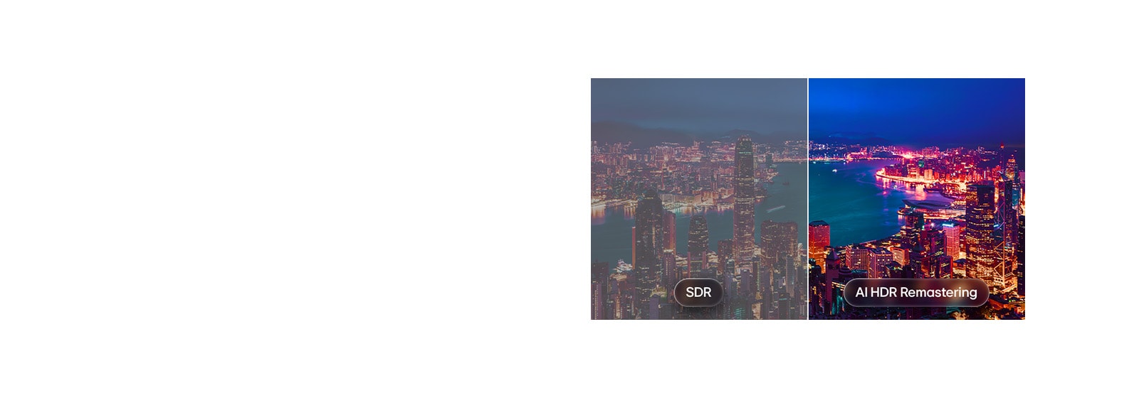 LG QNED evo AI QNED82 Mini LED ar AI HDR Remastering parādīts pilsētas ainavas sadalītā ekrāna salīdzinājumā: kreisajā pusē redzams SDR attēls, bet labajā pusē AI HDR Remastering attēls, kurā pilsētas apgaismojums ir spilgtāks, kontrasts — dziļāks un detaļas visā ainā — izteiktākas.