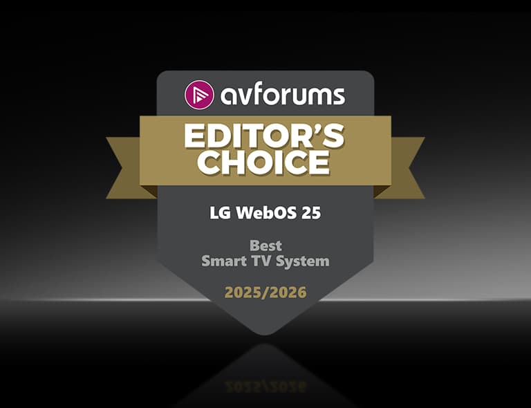 AVForums redaktora izvēles apbalvojums redzams uz tumša fona LG webOS 25, kas nosaukta par labāko viedo TV sistēmu 2025./2026. gadā.	