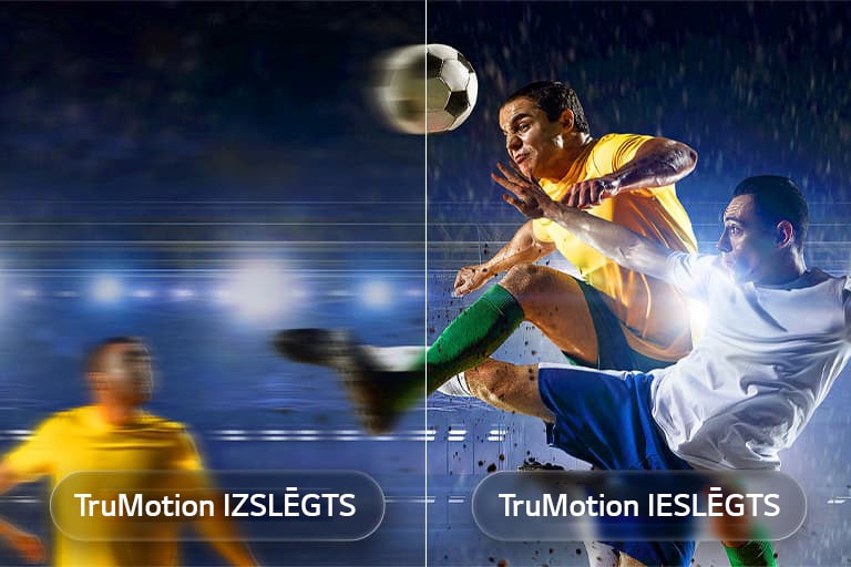 LG QNED evo AI QNED82 Mini LED ar TruMotion izceļ kustību izlīdzināšanu sadalītā ekrāna futbola ainā, kontrastējot izplūdušu darbību ar izslēgtu TruMotion un asas, skaidras kustības ar ieslēgtu TruMotion, lai uzsvērtu skaidrību ātras darbības sporta spēlēs.
