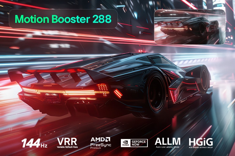 LG QNED evo AI QNED82 Mini LED ar Ultimate Gameplay rāda dzīvīgu, ātrgaitas sacīkšu ainu ar izplūdušu salīdzinājuma skatu, izceļot Motion Booster 288 un vienlaikus atbalstot 144Hz, VRR, AMD FreeSync, ALLM, HGiG un GeForce NOW.