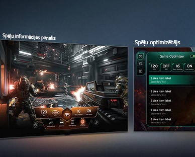 LG QNED evo AI QNED82 Mini LED ar spēļu informācijas paneli un optimizētāju rāda blakus novietotus spēļu ekrānus un ekrāna izvēlni spēles iestatījumu, piemēram, atsvaidzes intensitātes, latentuma un vizuālo režīmu, pielāgošanai reāllaikā.