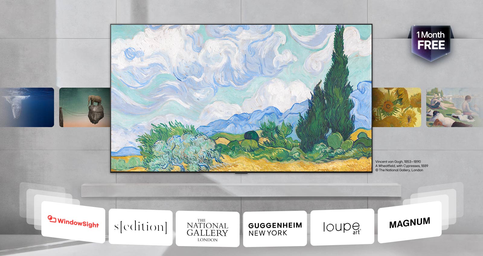 LG QNED evo AI QNED82 Mini LED ar LG Gallery+ rāda izsmalcinātus mākslas darbus mājas interjerā, demonstrējot mākslas darbus rotācijā, kā arī partnermuzeja atsauces un ziņojumu „1 mēnesis bez maksas". 