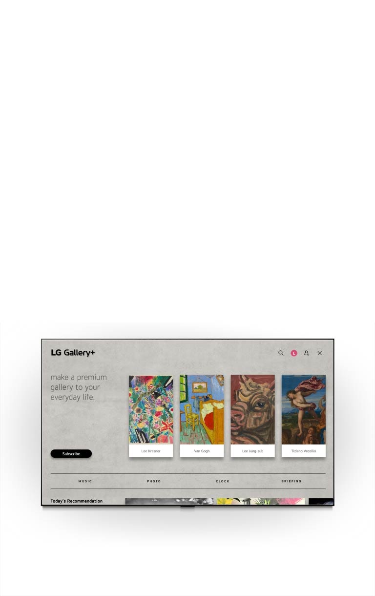 LG QNED evo AI QNED82 Mini LED rāda LG Gallery+ pelēko saskarni ar mūzikas un tēmu atlases izvēlni, pārejot no preferenču atlases uz jūsu albuma izveidi un parādot pielāgotus mākslas darbus. 