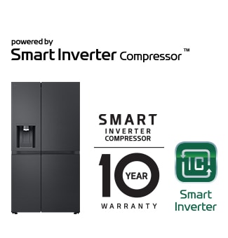 Produkta attēls ar Smart Inverter Compressor™ logotipu un 10 gadu garantijas logotipu.