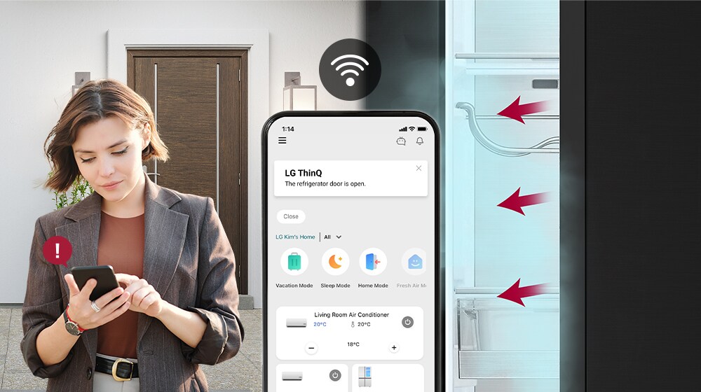 Pa kreisi – sieviete atgriežas mājās un viedtālrunī pārliecinās par ledusskapja stāvokli; vidū ir viedtālruņa ekrāns; pa labi – ledusskapis ir vaļā, un pa durvīm ārā plūst dzesējošs gaiss.