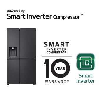 Produkta attēls ar Smart Inverter Compressor™ logotipu un 10 gadu garantijas logotipu.