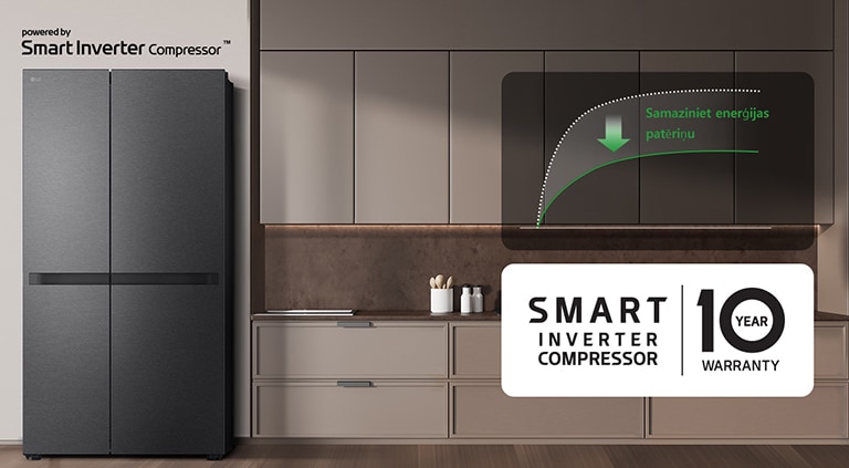Ledusskapis ir uzstādīts virtuves sienā un ir diagramma, kas parāda enerģijas patēriņa samazinājumu, izmantojot Smart Inverter Compressor.