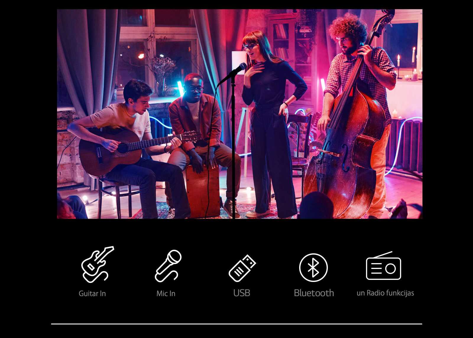 Koncerta aina. Zem attēla ir parādītas savienojuma ikonas.