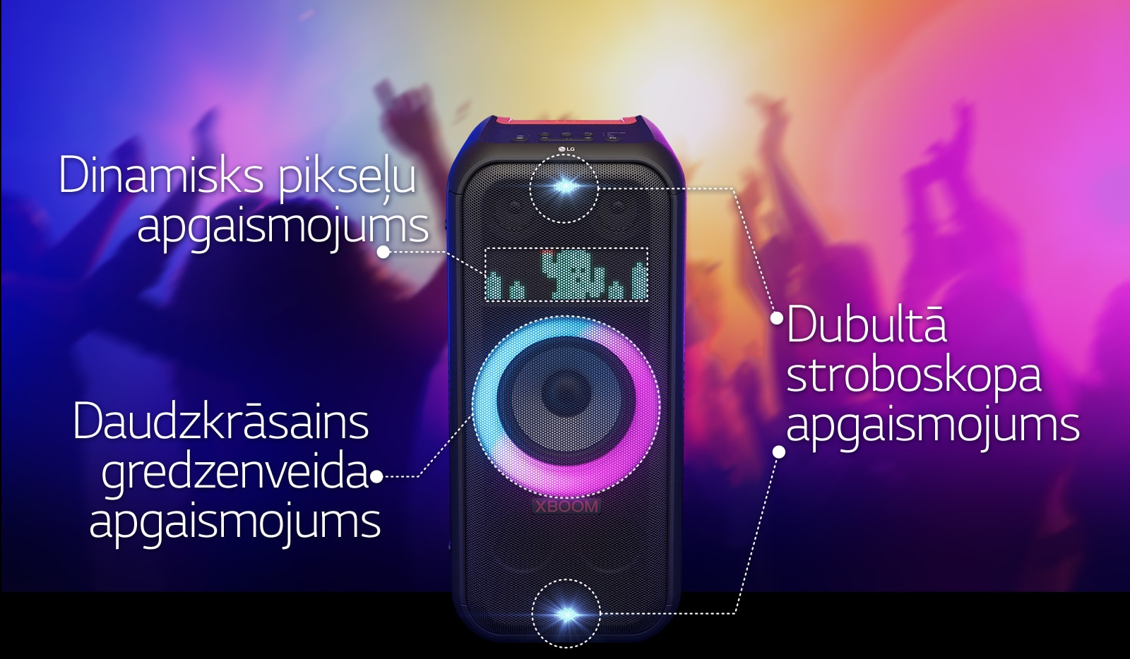 Skats no priekšpuses uz skaļruni. Rinda, kas informē par katru apgaismojuma daļu. Augšpusē un apakšā dubultā stroboskopa apgaismojums. Vidū ir ieslēgts rozā un zilā gradienta daudzkrāsu gredzenveida apgaismojums. Augšpusē ir dinamisks pikseļu apgaismojums, kas parāda kaktusa raksturu.