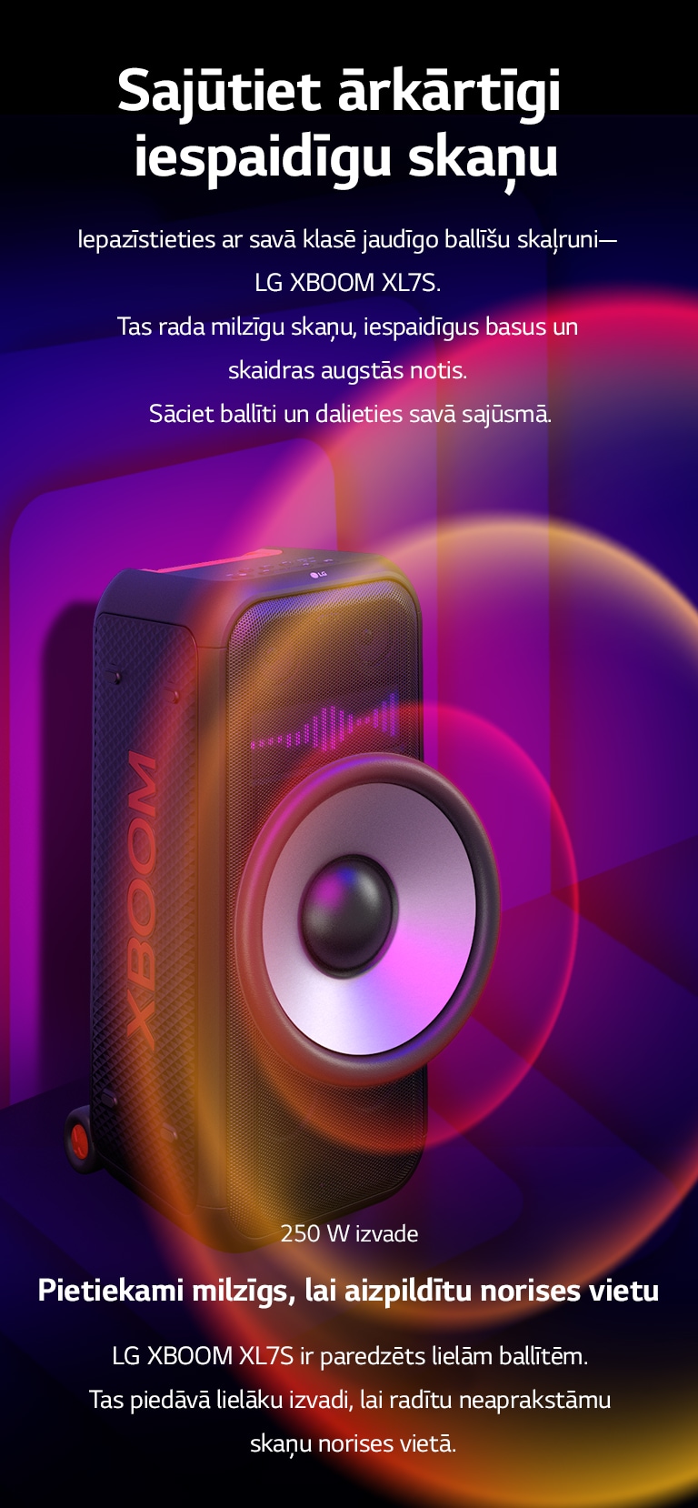 LG XBOOM XL7S ir novietots bezgalīgā telpā. Uz sienas ir ilustrētas kvadrātveida skaņas grafikas. Skaļruņa vidū ir palielināts 8 collu milzīgs zemfrekvences skaļrunis, lai uzsvērtu tā 250 W milzīgo skaņu. No zemfrekvences skaļruņa nāk skaņas viļņi.