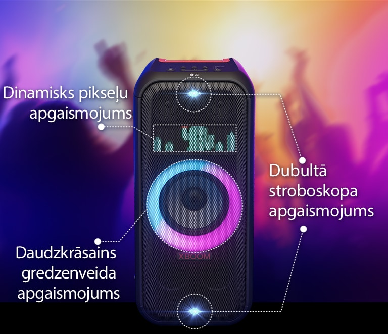 Skats no priekšpuses uz skaļruni. Rinda, kas informē par katru apgaismojuma daļu. Augšpusē un apakšā dubultā stroboskopa apgaismojums. Vidū ir ieslēgts rozā un zilā gradienta daudzkrāsu gredzenveida apgaismojums. Augšpusē ir dinamisks pikseļu apgaismojums, kas parāda kaktusa raksturu.