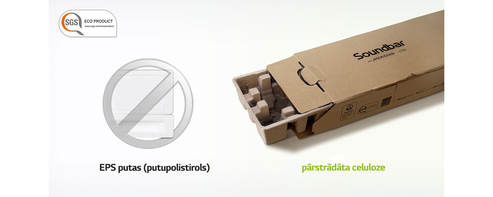 Kreisajā augšējā stūrī redzams SGS ECO PRODUCT logotips. Kreisajā pusē uz stiroputu attēla ir pelēka aizlieguma zīme, savukārt labajā pusē ir iepakojuma attēls.