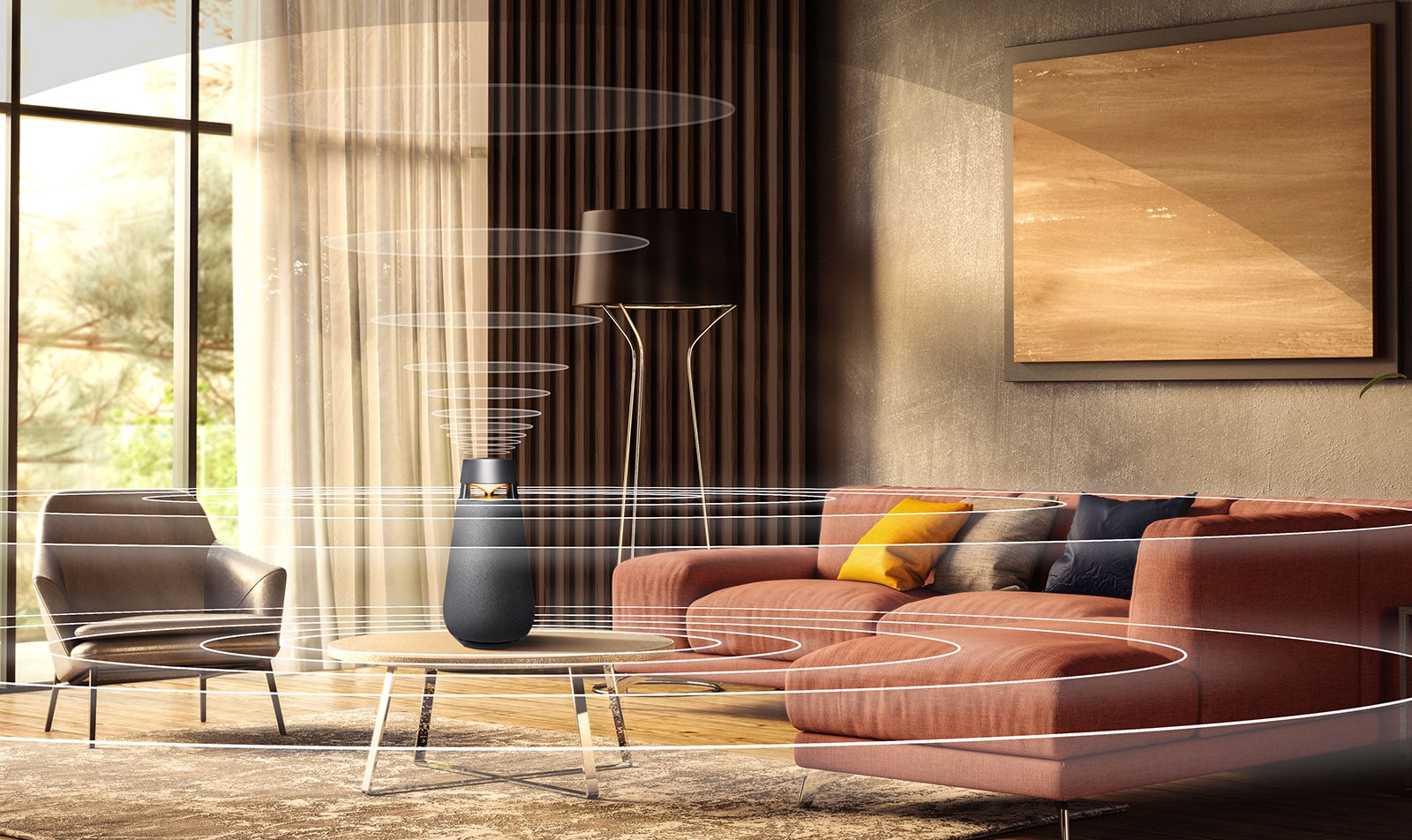 Attēls ar XBOOM 360 X03 skaņas viļņiem uz galda dzīvojamajā istabā.