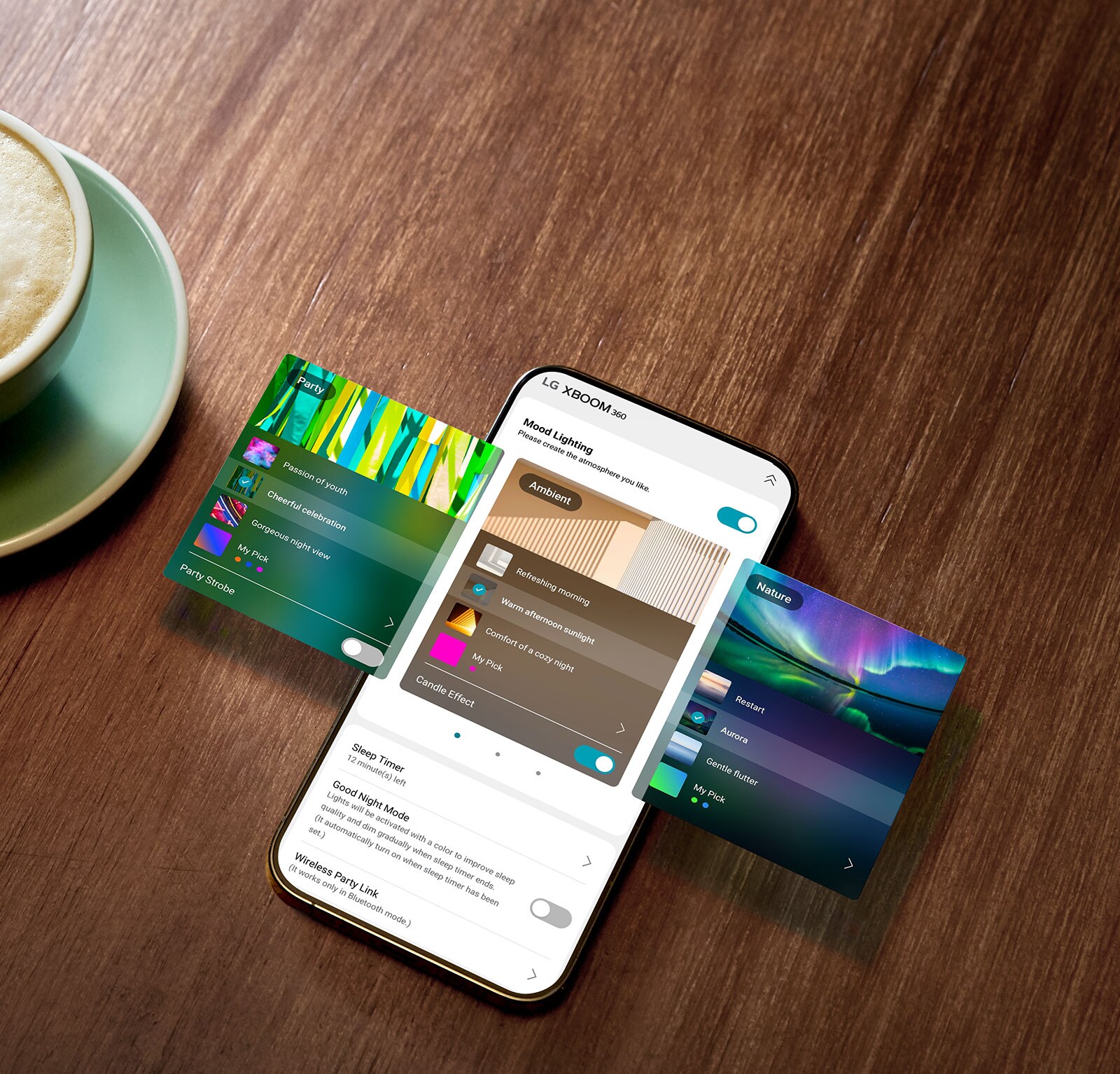 Attēls ar tālruni ar XBOOM App tajā; ietver vides (Ambient) režīmu, dabas (Nature) režīmu un ballīšu (Party) režīmu.
