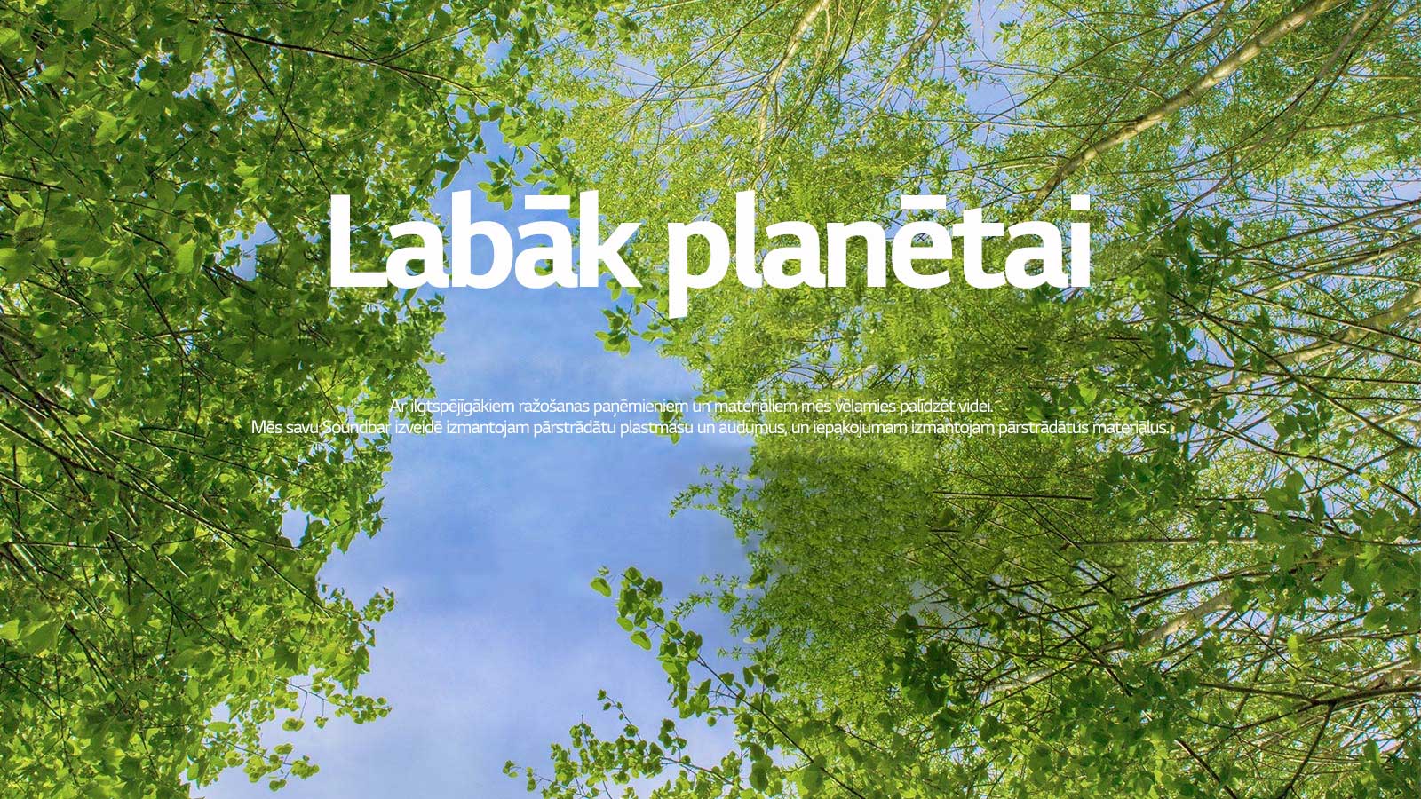 Zaļā attēlā redzami koši lapu koki, starp kuriem vīd debesis.