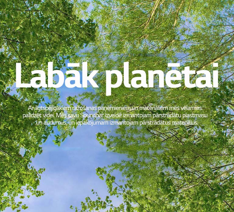 Zaļā attēlā redzami koši lapu koki, starp kuriem vīd debesis.