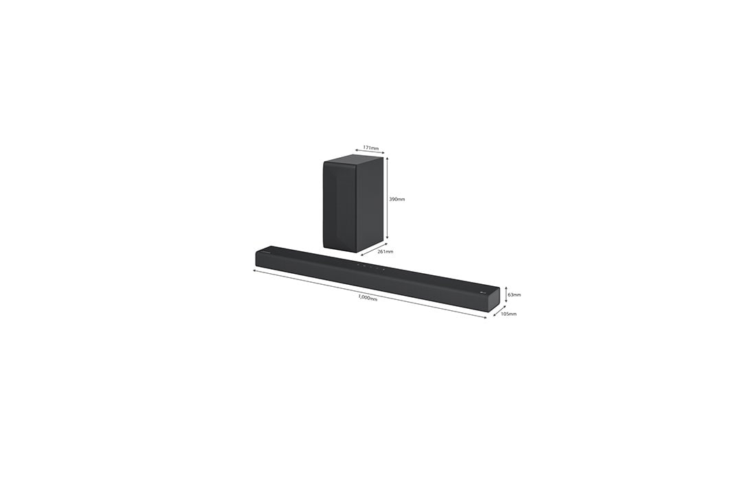 LG Soundbar S65Q, skaņas joslas aizmugures skaļruņa skats pa diagonāli ar izmēru, S65Q, thumbnail 3