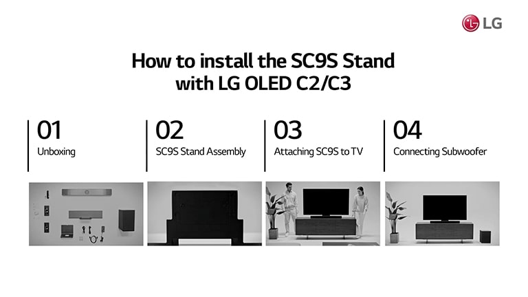 Šajā video parādīts, kā uzstādīt SC9S statīvu ar LG OLED C2/C3. Noklikšķiniet, lai noskatītos.