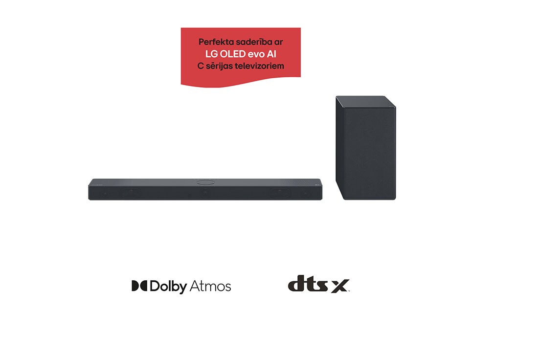LG 400W, 3.1.3 kanālu SC9S LG Soundbar skaņas sistēma ar Dolby Atmos, perfekti sader ar LG OLED evo AI C sērijas TV, Skats uz Sound Bar un zemfrekvences reproduktoru no priekšpuses, SC9S