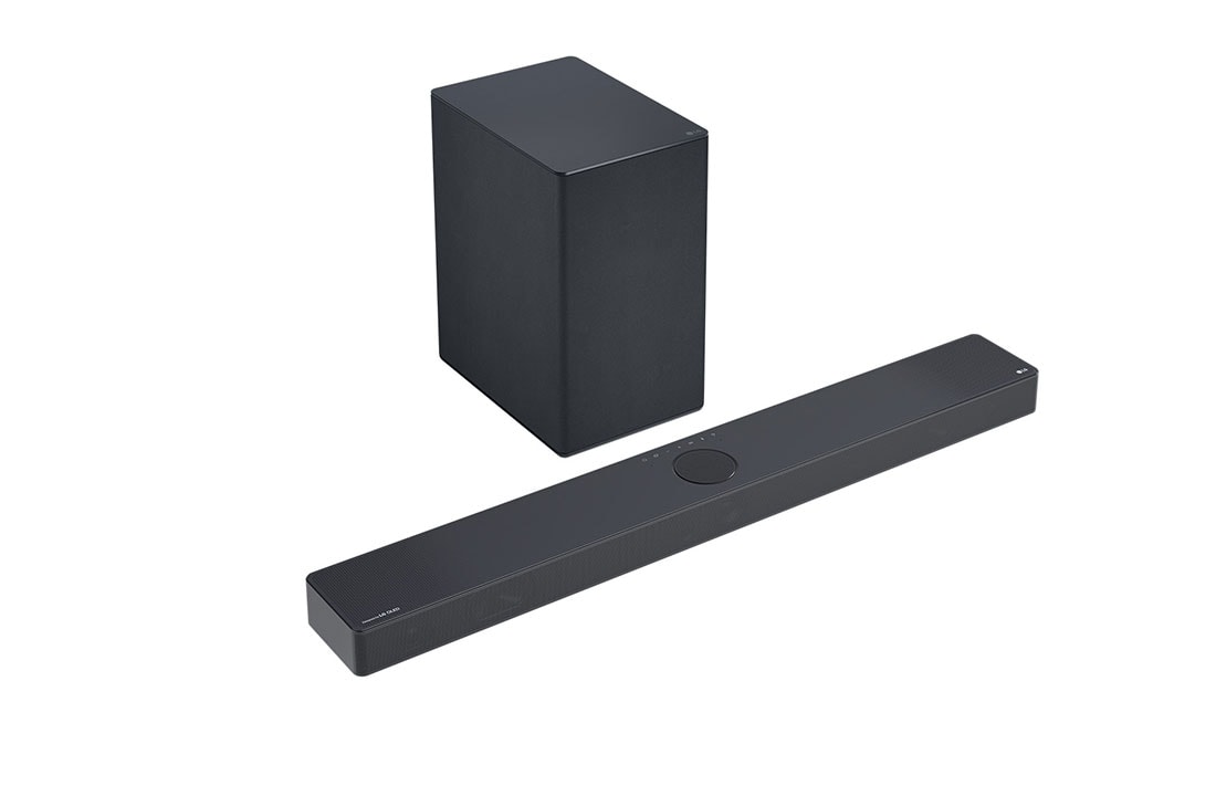 LG 400W, 3.1.3 kanālu SC9S LG Soundbar skaņas sistēma ar Dolby Atmos, perfekti sader ar LG OLED evo AI C sērijas TV, 45 grādu sāna leņķa skats uz Sound Bar un zemfrekvences reproduktoru, SC9S, thumbnail 5